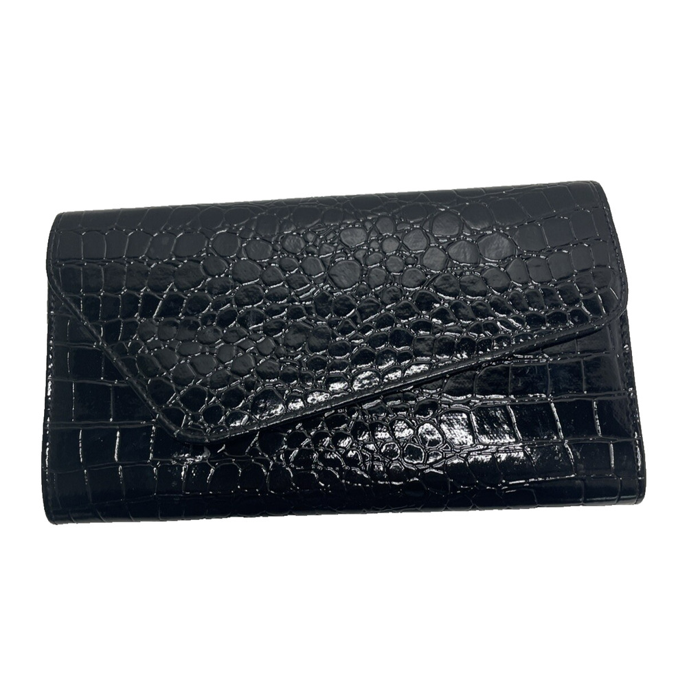 Forever 21 Clutch Bag Womens Small Black Shiny Faux Alligator Snap Bold Glamour‎